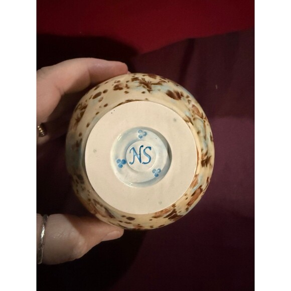 Handmade Ceramic Vase with Blue & Brown Glaze, Polkadots, Artist Signed NS or SN - Picture 7 of 10